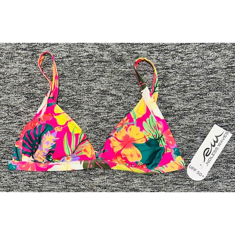 Endless Waves Juniors L Fuchsia Sizzle Tropical Floral Triangle Swim Top UPF 50+